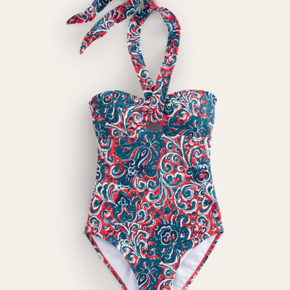 Boden Scarf One-Piece Bandeau Botanic Swimsuit, Dahlia Red/Botanical - NWT